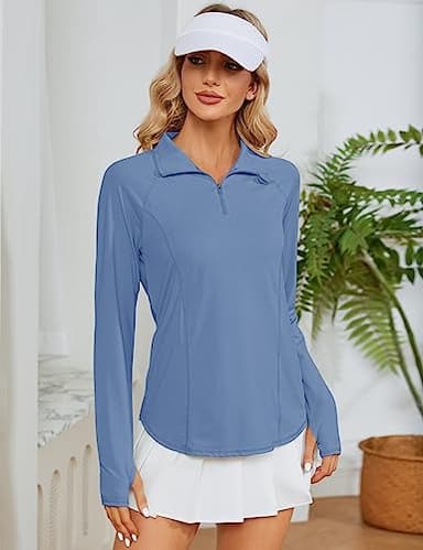 LOMON Womens Workout Tops Long Sleeve 1/4 Zip UV Sun Protection Quick Dry Hiking Athletic Shirts Rash Guard UPF 50+（Haze Blue,XXL） - Image 6
