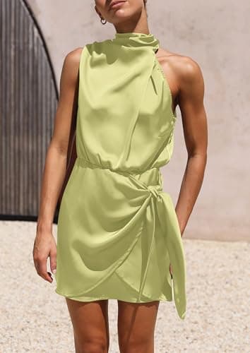 PRETTYGARDEN Women's Short Formal Satin Dress Summer Sleeveless Mock Neck Tie Waist Cocktail Party Dresses (Tender Green,Small) - Image 4