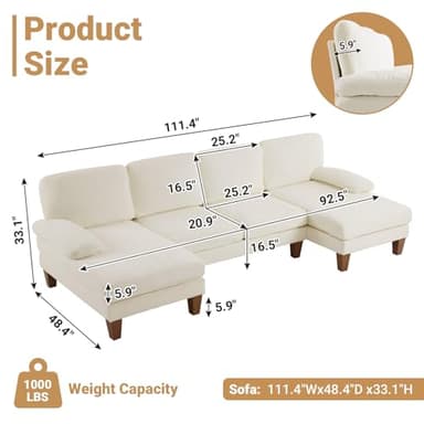 VINGLI 110" Sectional Couches for Living Room,U Shaped Couch with Double Chaise, 4-Seat Sofa Set with Chenille Fabric for Home Furniture,Beige - Image 2