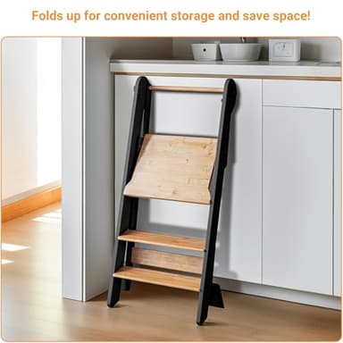 COSYLAND Foldable Toddler Standing Tower - Adjustable Height Folding Step Stool Kid Toddler Kitchen Stool Helper for Learning and Cooking - Ages 18 Months to 6 Years with safety Net Natural & Charcoal - Image 8