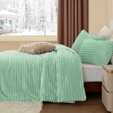 BEDELITE Fleece Queen Comforter Set -Super Soft & Warm Fluffy Light Green Bedding, Luxury Fuzzy Heavy Bed Set for Winter with 2 Pillow Cases - Image 4