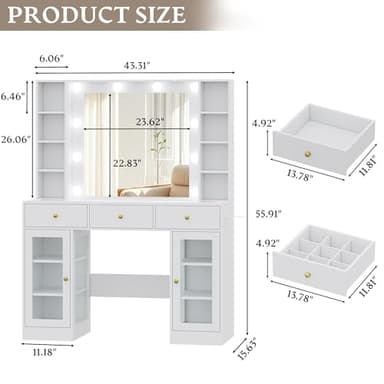 Wodeer Makeup Vanity Desk with Mirror and Lights, White Vanity with Glass Top, LED Lights & Power Outlet, 3 Drawers & 2 RGB Glass Cabinets, Adjustable Lighted Dressing Table for Women & Girls Bedroom - Image 9