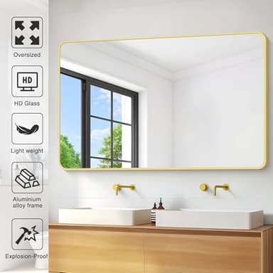 CIVENO 55"x36" Gold Bathroom Mirror, Large Rectangle Mirror, Rectangular Wall Mirror, Rounded Corner Vanity Mirror with Aluminum Metal Frame for Bathroom Bedroom Living Room Horizontal/Vertical - Image 4