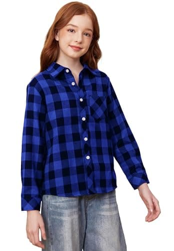 SANGTREE Girls Plaid Shirts Long Sleeve Button Down Flannel Shirts Buffalo Blue, 8-9 Years = Tag 150 - Image 1