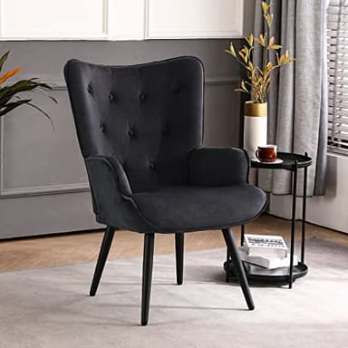 Furniliving Velvet Accent Chair for Living Room, Upholstered Reading Chair with High Backrest, Tufted-Button Wingback Armchair for Bedroom, Dressing Room, Home Office, Black, Set of 2 - Image 3