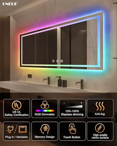 oneup 60x30 Inch Smart LED Bathroom Mirror,RGB Color Changing Bathroom Mirror with Lights,Anti-Fog Wall-Mounted Vanity Mirrors,Dimmable Multicolor Lighted,IP54 Waterproof - Image 3