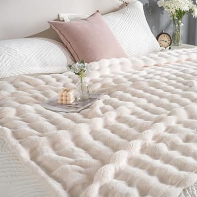 Faux Fur Bed Blankets King Size Off White, Soft Fluffy Bubble Blanket for Couch Sofa, Thick Warm Plush Fuzzy Rabbit Fur Large Blanket for All Season Use, 90"X 90" - Image 3