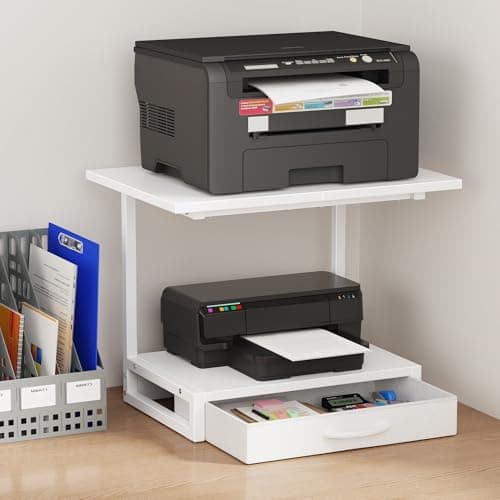 YAOHUOO 2-Tier Desktop Printer Stand with Fabric Drawer, Prtiner Table with Storage Shelf, Desk Organizer for Home Office,3D Printer,Fax Machine,Scanner, 19.6"x14.9" White - Image 1