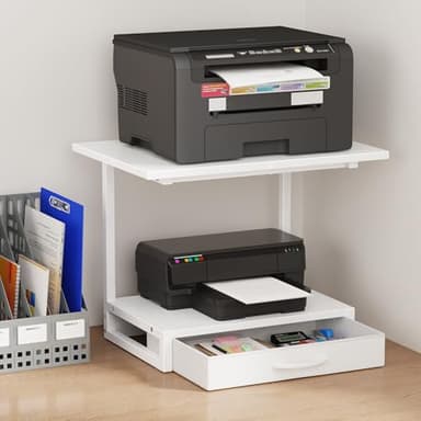 YAOHUOO 2-Tier Desktop Printer Stand with Fabric Drawer, Prtiner Table with Storage Shelf, Desk Organizer for Home Office,3D Printer,Fax Machine,Scanner, 19.6"x14.9" White - Image 1