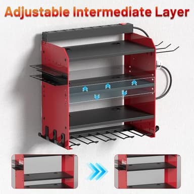 Power Tool Organizer Wall Mount with Charging Station, Garage 4 Drill Storage Shelf with Cordless Tool Holder, Heavy Duty Rack with 8 Outlet Power Strips and Hooks, Gift for Men, Husband (4 Layer) - Image 6