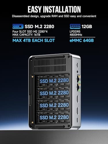 GMKtec Mini PC NAS, G9 Intel N150 Dual Boot Linux Desktop Computer 12GB DDR5 64GB EMMC M.2 SSD, 4*M.2 NVMe Slots, Dual NIC 2.5GbE, USB-C/USB 3.2 10Gbps, Network Attached Storage - Image 4