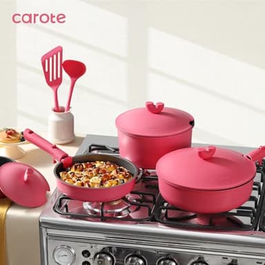 CAROTE 17pcs Pots and Pans Set Non Stick, Nonstick Cookware Set, Oven/Dishwasher/Fridge Safe Pots and Pans, RV Safe Cookware, Induction Kitchen Gift Set Detachable Handle, Pink - Image 5