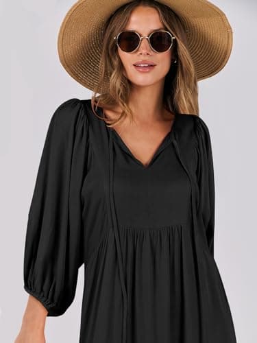 ANRABESS Womens Boho Maxi Dresses 2025 Summer V Neck Puff Sleeve Floral Flowy Swing Fall Casual Long Dress Black Large - Image 5