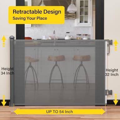 Babepai Retractable Baby Gates for Stairs, Dog Gates for Doorways, Mesh Baby Gate Extends to 54" Wide 34" Tall, Pet Gate Indoor Use for Hallways, Porch, Patio, Outdoor - Gray - Image 2