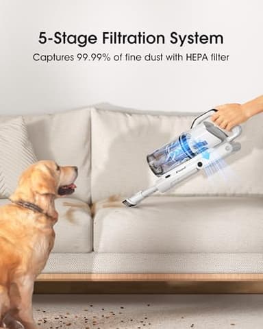 Klarpul Cordless Vacuum Cleaner, 580W 48KPA 65Mins Runtime Fast Charging Vacuum Cleaner, Self-Standing LED Light Touch Screen Stick Vacuum for Home Light Weight,for Pet Hair/Carpet/Floor, White - Image 7