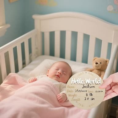 XCMVCN Baby Announcement Sign, 5.9 Inch Round Wooden Hello World Newborn Signs, Birth Announcement Sign: Equipped with Ink Pad Can Baby Handprints and Footprints for Photo Prop Hospital Nursery Gift - Image 5