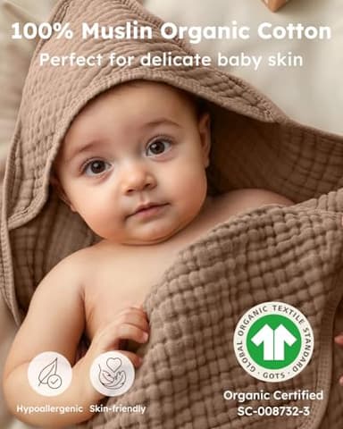 Yoofoss Hooded Baby Towels for Newborn 2 Pack 100% Muslin Organic Cotton Baby Bath Towel with Hood for Babies, Infant, Toddler and Kids, 32x32Inch, Soft and Absorbent Newborn Essential, Beige&Coffee - Image 2