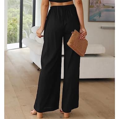 Duyang Womens Cotton Linen Palazzo Pants Drawstring Elastic Waist Casual Wide Leg Trousers with Pockets(Black,L) - Image 4