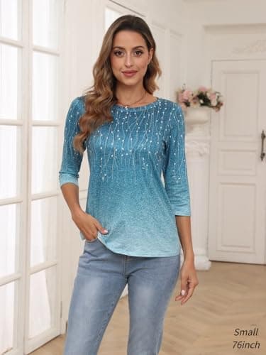 Zeagoo Leaves Print Three-Quarter Sleeve T-shirt Casual Crew Neck Top For Summer Fall Women's Work Clothing - Image 4