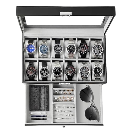 GUKA Watch Box 12 Slot Watch Display Organizer Leather Jewelry Case Drawer Glass Birthday for Men Women, Child Husband Dad - Image 1