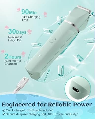 Waterproof Bikini Trimmer Women Electric Razor for Pubic Hair Women's Foil Shaver Rechargeable Shaver Removal with Snap-in Ceramic Blades IP7X Washable Head,Wet and Dry Use,Green - Image 7