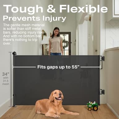 Cumbor Retractable Baby Gates for Stairs, Mom Choice Award Winner-55 Wide Mesh Dog Gate for Doorways, 34" Tall Easy to Use Pet Fence for The House, Toddler Safety Essentials Indoor&Outdoor, Black - Image 3