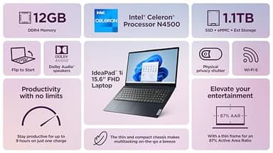 Lenovo IdeaPad Laptop Computer 2025, 15.6" Display, 12GB RAM, 1.1TB Storage (500GB SSD + 128GB eMMC + 500GB Ext), Intel Dual Core Processor, Long Battery, MarxsolAccessory, 1 Year Office 365, Win 11 - Image 3