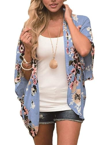 Chunoy Women Casual Sheer Floral Kimono Cardigan Half Sleeve Chiffon Shawl Beach Wear Loose Cover Up Top Blue Large - Image 2