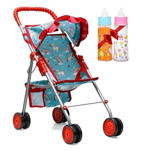 fash n kolor® - Doll Stroller My First Baby Doll Strollers Toy - Flower Design with Basket in The Bottom- Doll Accessories 2 Free Magic Bottles Included (Unicorn Design) - Image 1