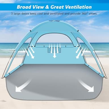 Hoeada Beach Tent Sun Shelter, Beach Shade Tent with UPF 50+ UV Protection for 2-3 Person, Portable & Easy Setup Cabana, 3 Roll Up Doors & 8mm Fiberglass Rods, Carry Bag Included - Image 5