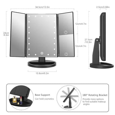 Flymiro Tri-fold Lighted Vanity Makeup Mirror with 3x/2x Magnification,21 LEDs Light and Touch Screen,180 Degree Free Rotation Countertop Cosmetic Mirror,Travel (Black) - Image 3