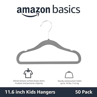 Amazon Basics Kids Velvet, Non-Slip Clothes Hangers for Infant and Toddler, 11.6 inches (for baby clothes), Pack of 50, Gray - Image 2