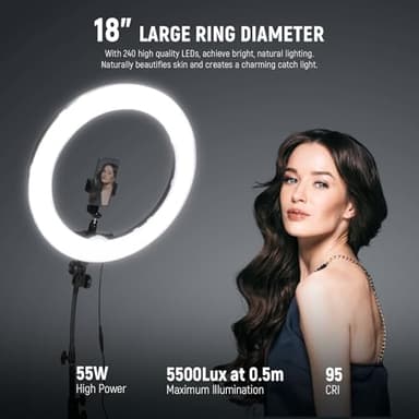 NEEWER Ring Light 18inch Kit: 55W 5600K Professional LED with Stand and Phone Holder, Soft Tube & Bag for Tattoo Lash Extension Barber Makeup Artist Studio Video Photography Lighting, RL-18 - Image 3
