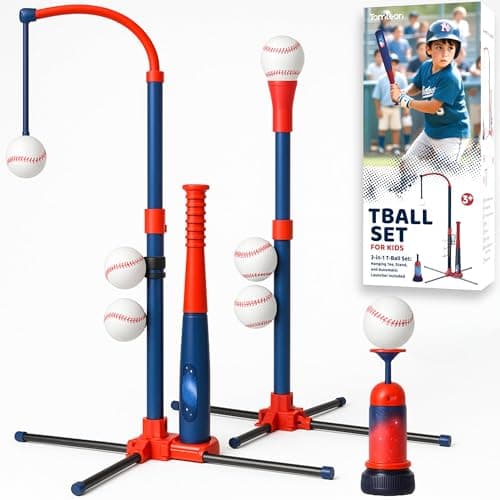 3-in-1 Baseball Set for Kids and Toddlers Ages 3-5 – Includes Tee Ball Stand, Hanging Tee, Automatic Ball Launcher, and 6 Softballs – Adjustable Height for Indoor/Outdoor Play – Sports Gift for Boys - Image 1