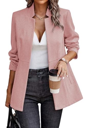 ELLEVEN Blazers for Women Business Casual Open Front Suit Jacket Herringbone Long Sleeve Stand Collar Work Blazer for Office with Full Lining and Padded Shoulders Light Pink Medium - Image 1