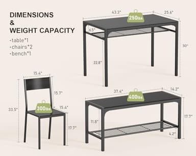 Gizoon Kitchen Table and 2 Chairs for 4 with Bench, 4 Piece Dining Table Set for Small Space, Apartment - Image 3