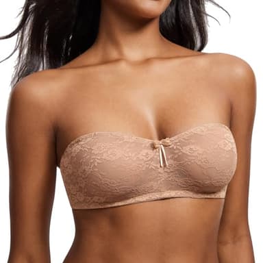 DOBREVA Women's No Padding Strapless Lace Bra Underwire Multiway See-Through Gravel Beige 34E - Image 2