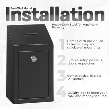 Metal Donation Box-Suggestion Box with Slot and lock-Cash Lock box for Money-Secure Drop Box-Comment and ballot voting box-comes with pre-drilled holes for easy wall mounting 10 X 6 X 2.5"(Black) - Image 7