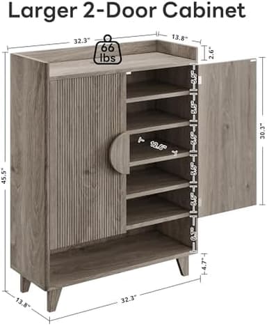 IRONCK Shoe Cabinet, 45.5" Tall Shoe Organizer with Fluted Doors, Shoe Rack Cabinet with 4-Tier Adjustable Shelves, Large Wooden Storage Cabinet for Entryway, Grey Oak - Image 3