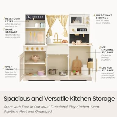 Tiny Land Play Kitchen for Kids, Toy Kitchen Set with Plenty of Play Features, New Modern Kids Wooden Play Kitchen Designed in Trendy Home Style with Curtains, Gift for Ages 3+ - Image 6
