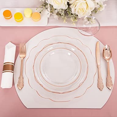 NOCCUR 350PCS Rose Gold Plastic Plates - Clear Rose Gold Disposable Dinnerware Set - Include 100 Dinner/Dessert Plates,50 Cups,50 Pre Rolled Napkins with Cutlery Set - Ideal for Party&Wedding - Image 5