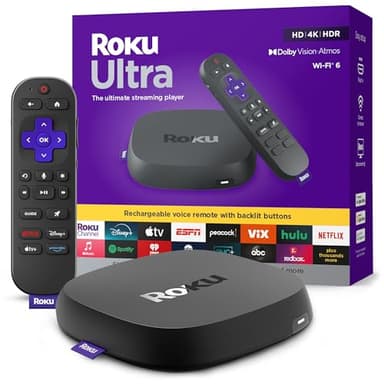 Roku Ultra - Ultimate Streaming Player - 4K Streaming Device for TV with HDR10+, Dolby Vision & Atmos - Bluetooth & Wi-Fi 6- Rechargeable Voice Remote Pro with Backlit Buttons - Free & Live TV - Image 1