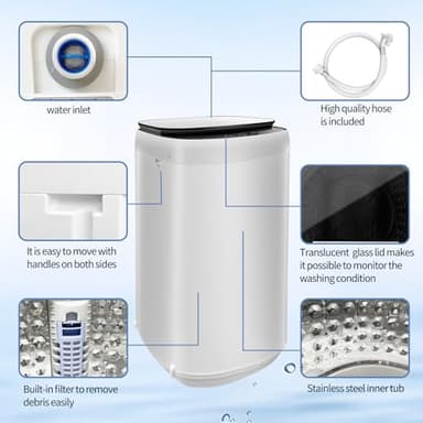 TGC 0.9 Cu.Ft.Small Portable Washer, 7.7 lb. Capacity Mini Washing Machine for Homes & Apartments & LED Display，Built-in Drain Pump,White，10 Wash Cycles and Drain Hose Included - Image 6