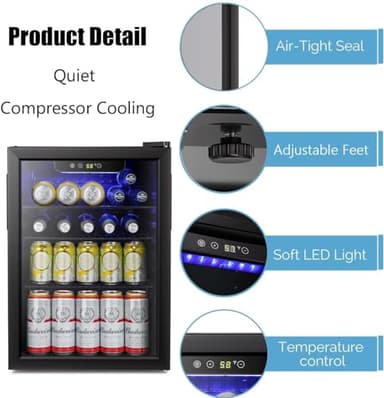 Antarctic Star Beverage Refrigerator Cooler-85 Can Mini Fridge Glass Door for Soda Beer Wine Stainless Steel Glass Door Small Drink Dispenser Digital Display for Home, Office Bar,2.4cu.ft - Image 2