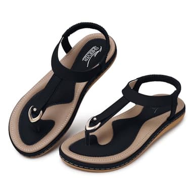 SHIBEVER Womens Sandals Summer Flat: Dressy Casual T-Strap Flip Flop Thong Flat Sandals - Black Size 8 Comfortable Walking - Image 6