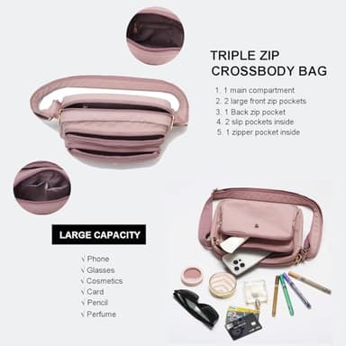 ESVAN Triple Zip Crossbody Bags for Women Fashion Ladies Purse Multi-Pocket Handbags Messenger Shoulder Bag - Image 3