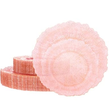 U-QE 60PCS Pink Plates for Party - Pink Plastic Plates Disposable&Reusable - Clear Pink Heavy Duty Plastic Plates for Party Including 30 Plastic Dinner Plates 10" & 30 Plastic Dessert Plates 7" - Image 1