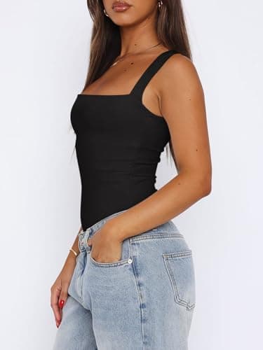 REORIA Womens Summer Sexy Sleeveless Square Neck Double Lined Going Out Cute Thong Bodysuit Tank Tops Black Large - Image 3