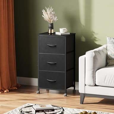 WLIVE Dresser with 3 Drawers, Fabric Nightstand, Cabinet with Wheels, Organizer Storage Dresser for Bedroom, Office, Closets, Black Dresser with Sturdy Steel Frame, Easy Pull Handle - Image 7