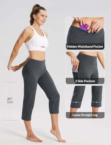 baleaf Womens Yoga Capri Pants High Waist Capri Leggings with Pockets Wide Leg Crop Exercise Workout Summer Pants Charcoal L - Image 4